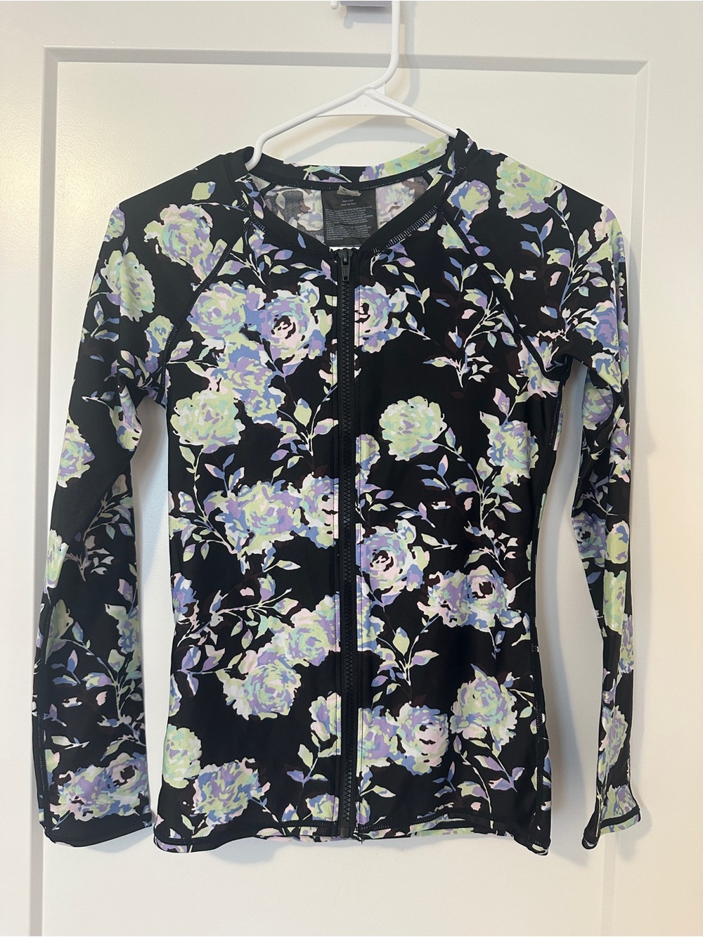 Volcom Black Floral Zip-Front Swim Coverup Rash guard Size Small Women’s